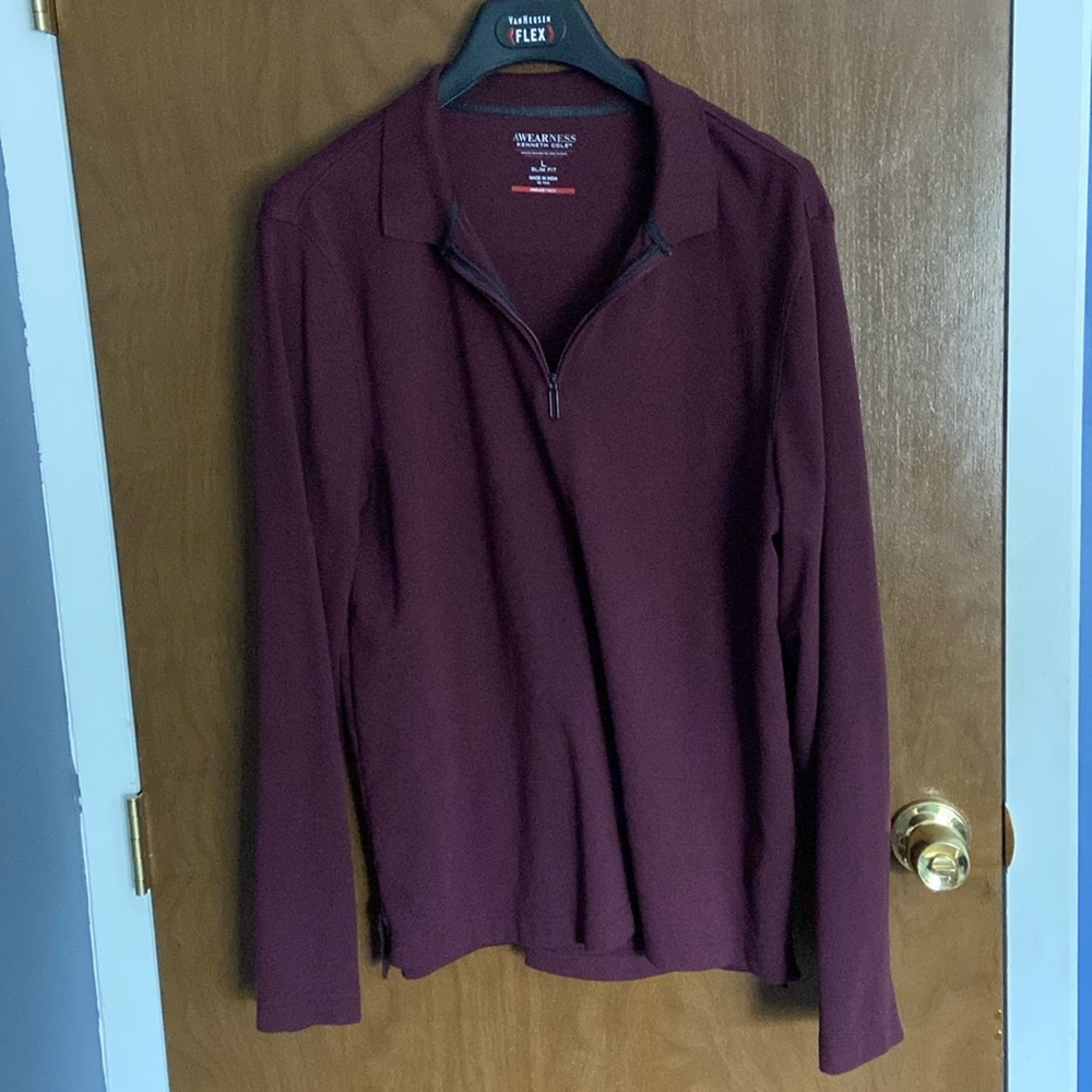 Kenneth Cole Maroon Slim Fit Zip Up Polo (Long Sleeve)